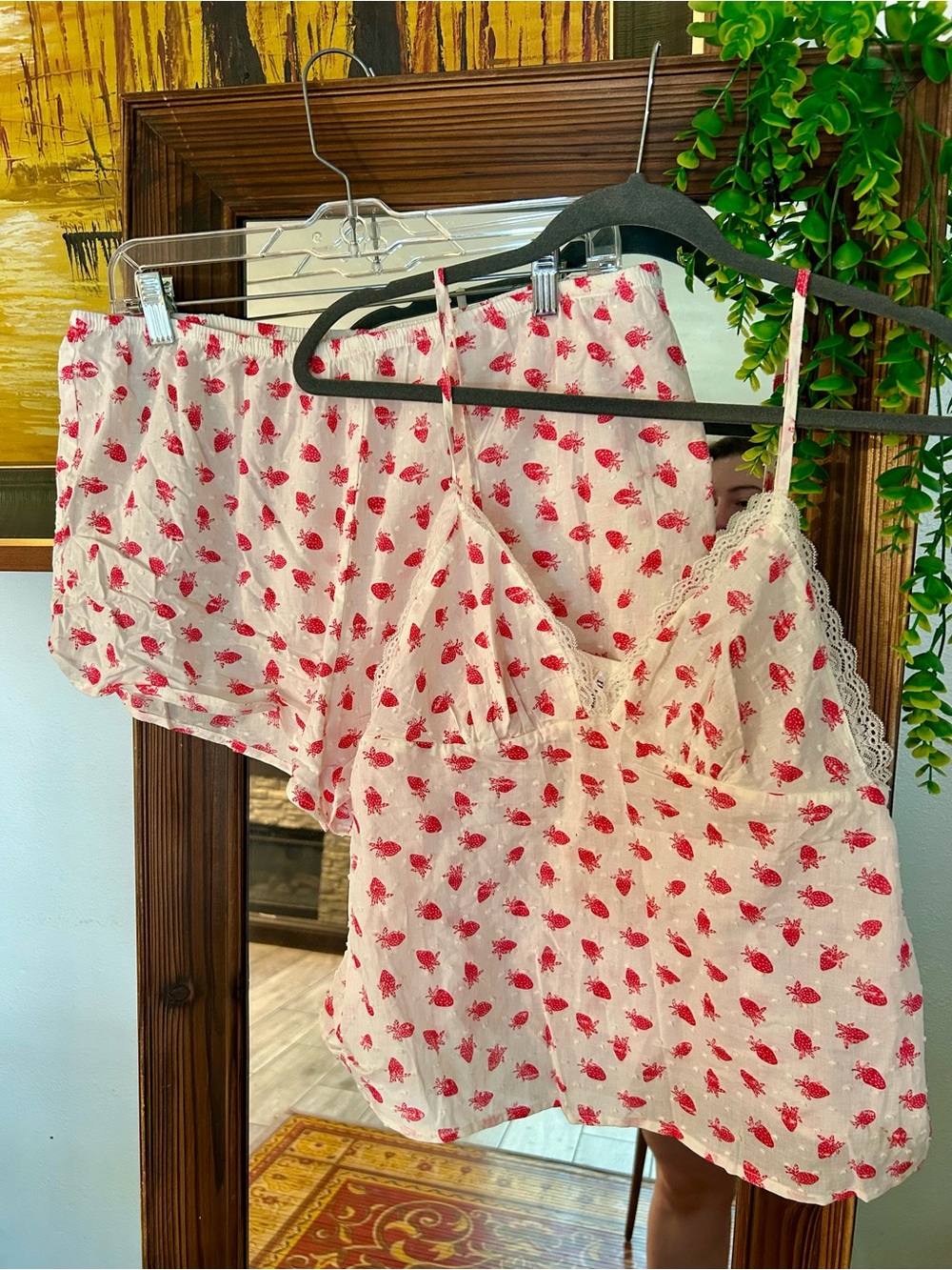 Women’s strawberry Floral Lace-Trim Camisole & Shorts sleep Set